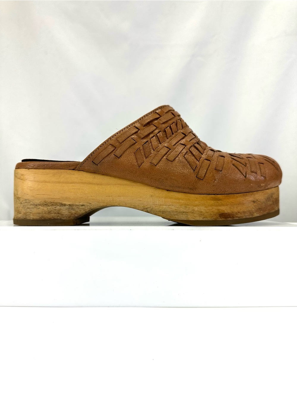 MTNG Rochi Leather Wood Clogs Mules Size 38 7.5 Brown Woven Boho Festival 70s